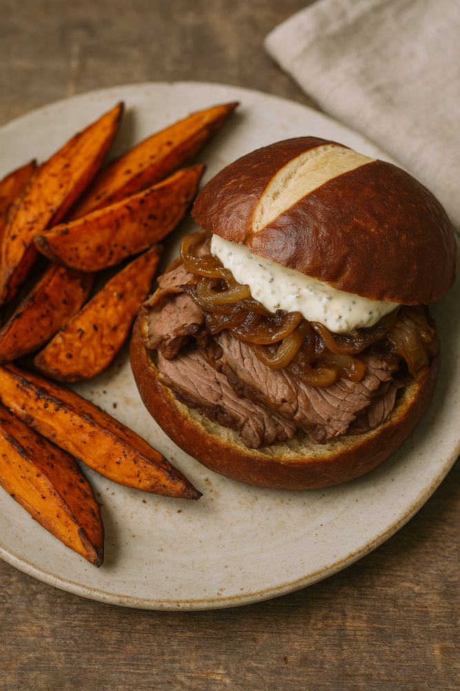 Roast Beef & Horseradish Pretzel Roll with Sweet Potato Wedges